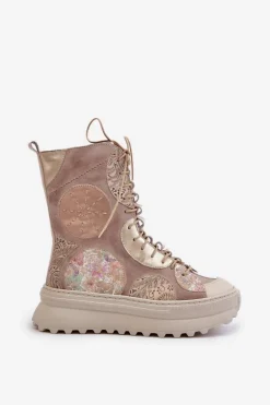 Skórzane Zamszowe Botki Na Platformie Ocieplane Maciejka 06565-04 Beżowe