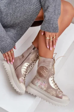 Skórzane Zamszowe Botki Na Platformie Ocieplane Maciejka 06565-04 Beżowe