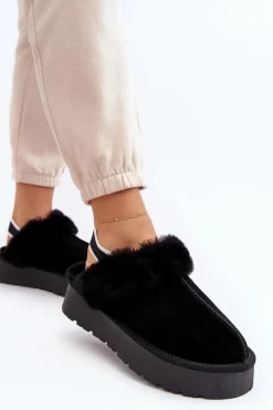 Skórzane Zamszowe Kapcie Damskie Na Platformie Z Futerkiem Czarne Sophienne