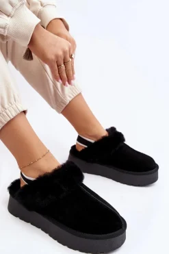 Skórzane Zamszowe Kapcie Damskie Na Platformie Z Futerkiem Czarne Sophienne