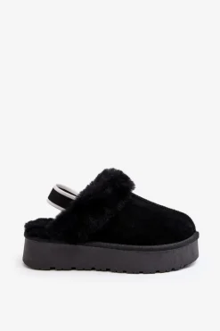 Skórzane Zamszowe Kapcie Damskie Na Platformie Z Futerkiem Czarne Sophienne