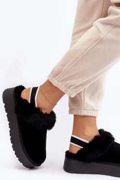 Skórzane Zamszowe Kapcie Damskie Na Platformie Z Futerkiem Czarne Sophienne