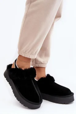Skórzane Zamszowe Kapcie Damskie Na Platformie Z Futerkiem Czarne Sophienne