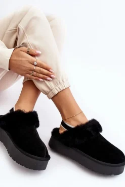 Skórzane Zamszowe Kapcie Damskie Na Platformie Z Futerkiem Czarne Sophienne