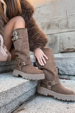 Skórzane Zamszowe Kozaki Damskie Z Klamrami Ocieplane Big Star OO274A182 Beżowe