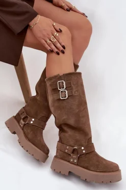 Skórzane Zamszowe Kozaki Damskie Z Klamrami Ocieplane Big Star OO274A182 Beżowe