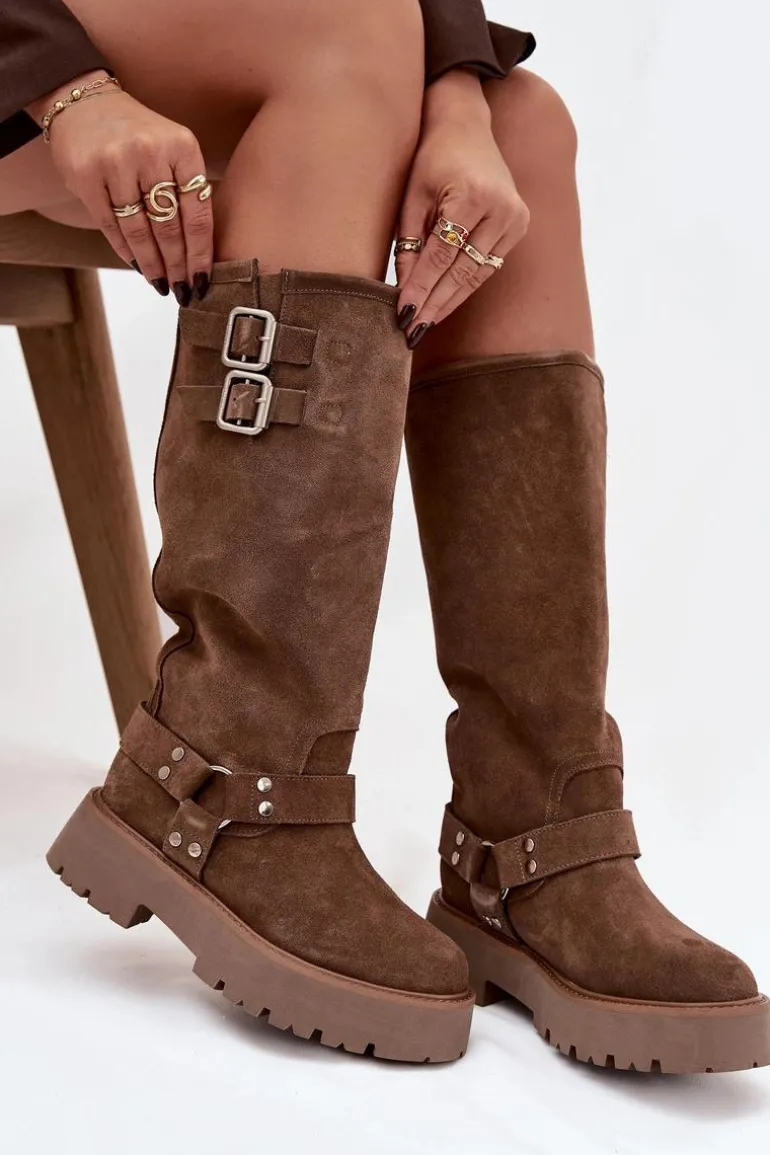 Skórzane Zamszowe Kozaki Damskie Z Klamrami Ocieplane Big Star OO274A182 Beżowe