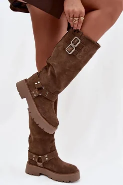 Skórzane Zamszowe Kozaki Damskie Z Klamrami Ocieplane Big Star OO274A182 Beżowe