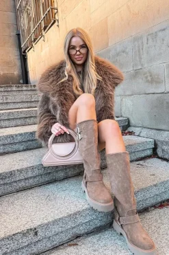 Skórzane Zamszowe Kozaki Damskie Z Klamrami Ocieplane Big Star OO274A182 Beżowe