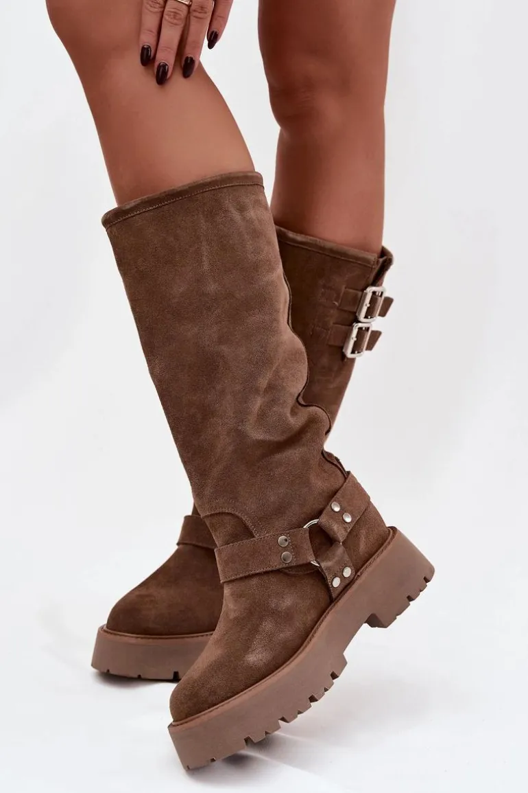 Skórzane Zamszowe Kozaki Damskie Z Klamrami Ocieplane Big Star OO274A182 Beżowe