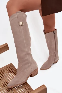 Skórzane Zamszowe Kozaki Kowbojki Ocieplane Zazoo 4224 Cappuccino