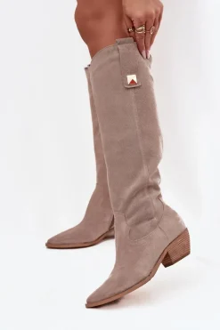 Skórzane Zamszowe Kozaki Kowbojki Ocieplane Zazoo 4224 Cappuccino