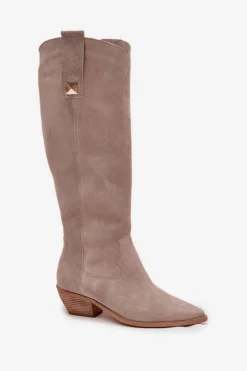 Skórzane Zamszowe Kozaki Kowbojki Ocieplane Zazoo 4224 Cappuccino