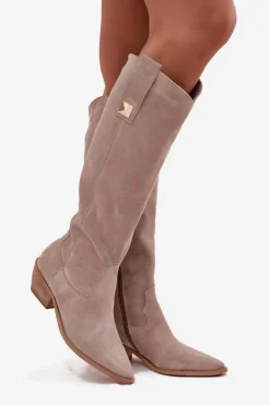 Skórzane Zamszowe Kozaki Kowbojki Ocieplane Zazoo 4224 Cappuccino