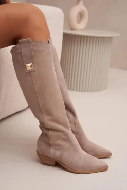 Skórzane Zamszowe Kozaki Kowbojki Ocieplane Zazoo 4224 Cappuccino