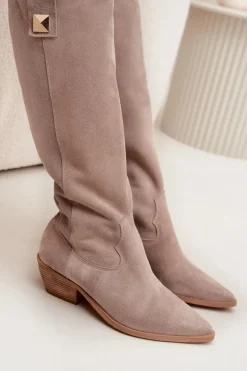 Skórzane Zamszowe Kozaki Kowbojki Ocieplane Zazoo 4224 Cappuccino