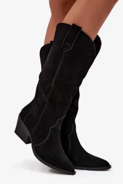 Skórzane Zamszowe Kozaki Kowbojki Damskie Ocieplane Czarne Urselle