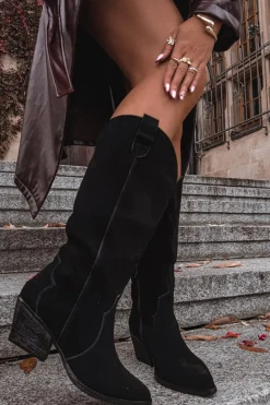 Skórzane Zamszowe Kozaki Kowbojki Damskie Ocieplane Czarne Urselle