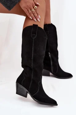 Skórzane Zamszowe Kozaki Kowbojki Damskie Ocieplane Czarne Urselle