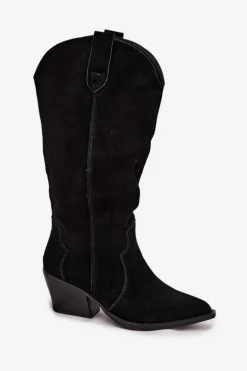 Skórzane Zamszowe Kozaki Kowbojki Damskie Ocieplane Czarne Urselle