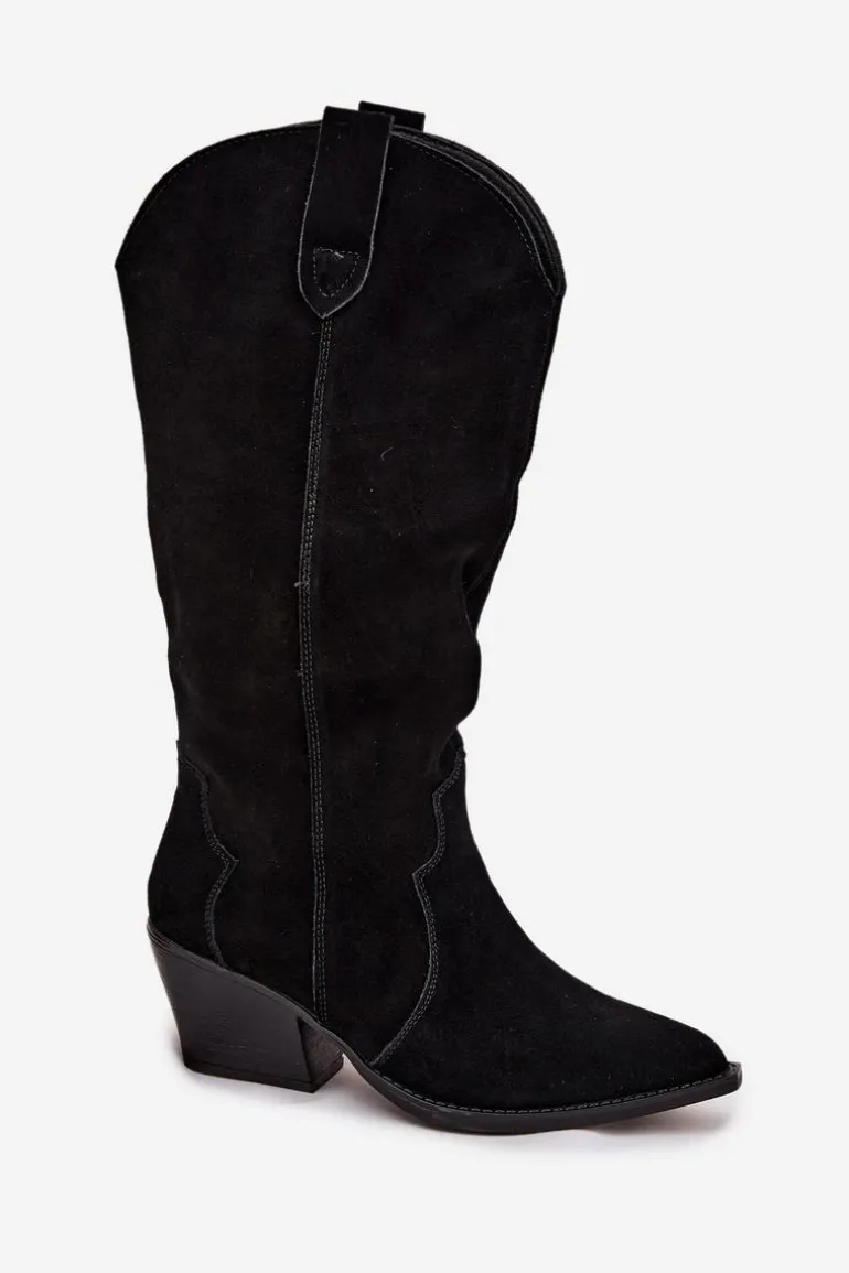 Skórzane Zamszowe Kozaki Kowbojki Damskie Ocieplane Czarne Urselle