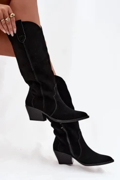 Skórzane Zamszowe Kozaki Kowbojki Damskie Ocieplane Czarne Urselle