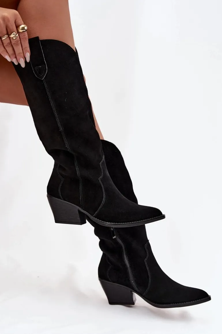 Skórzane Zamszowe Kozaki Kowbojki Damskie Ocieplane Czarne Urselle