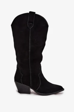 Skórzane Zamszowe Kozaki Kowbojki Damskie Ocieplane Czarne Urselle