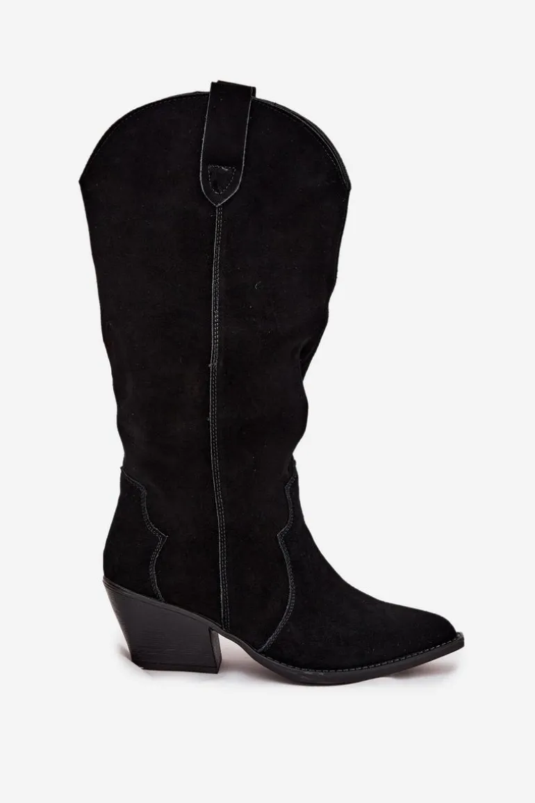 Skórzane Zamszowe Kozaki Kowbojki Damskie Ocieplane Czarne Urselle