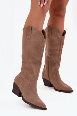 Skórzane Zamszowe Kozaki Kowbojki Damskie Ocieplane Khaki Urselle