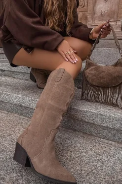 Skórzane Zamszowe Kozaki Kowbojki Damskie Ocieplane Khaki Urselle