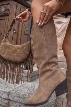 Skórzane Zamszowe Kozaki Kowbojki Damskie Ocieplane Khaki Urselle