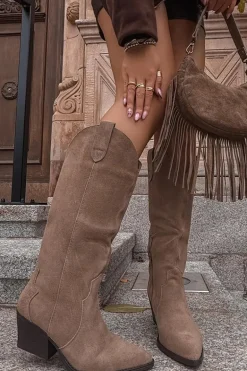 Skórzane Zamszowe Kozaki Kowbojki Damskie Ocieplane Khaki Urselle