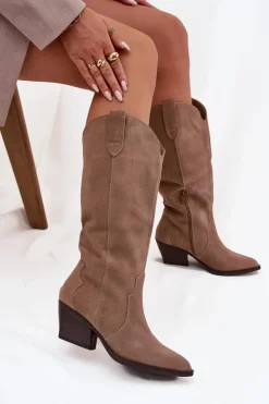 Skórzane Zamszowe Kozaki Kowbojki Damskie Ocieplane Khaki Urselle