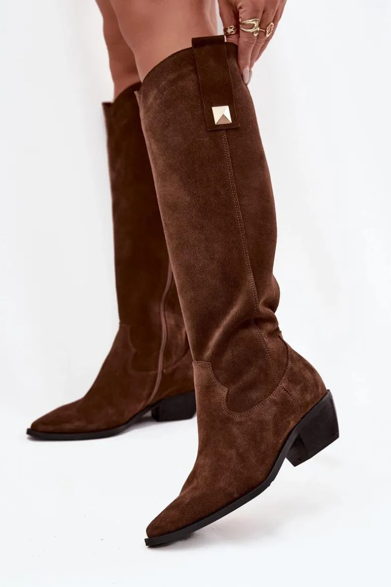 Skórzane Zamszowe Kozaki Kowbojki Ocieplane Zazoo 4224 Czekoladowe