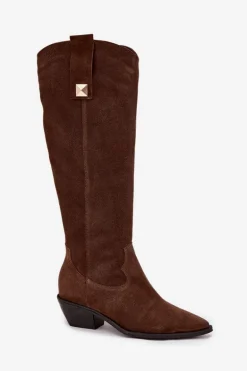 Skórzane Zamszowe Kozaki Kowbojki Ocieplane Zazoo 4224 Czekoladowe