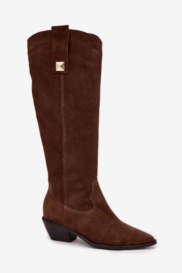 Skórzane Zamszowe Kozaki Kowbojki Ocieplane Zazoo 4224 Czekoladowe