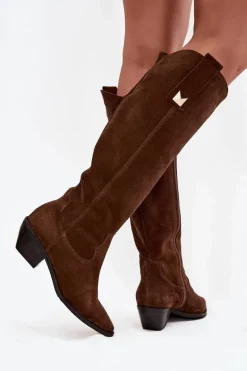 Skórzane Zamszowe Kozaki Kowbojki Ocieplane Zazoo 4224 Czekoladowe