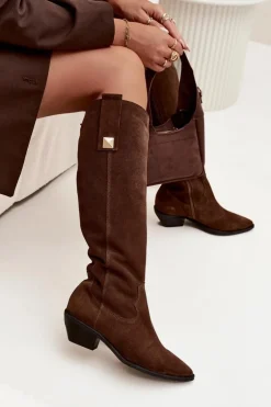 Skórzane Zamszowe Kozaki Kowbojki Ocieplane Zazoo 4224 Czekoladowe