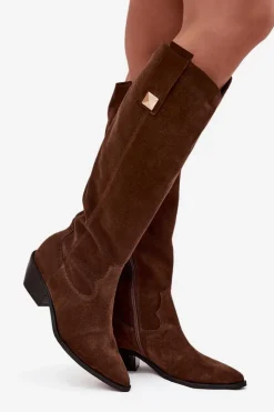 Skórzane Zamszowe Kozaki Kowbojki Ocieplane Zazoo 4224 Czekoladowe