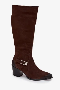 Skórzane Zamszowe Kozaki Na Obcasie Z Klamrą Ocieplane Zazoo 70156 Czekoladowe