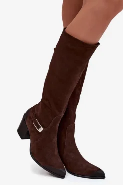 Skórzane Zamszowe Kozaki Na Obcasie Z Klamrą Ocieplane Zazoo 70156 Czekoladowe