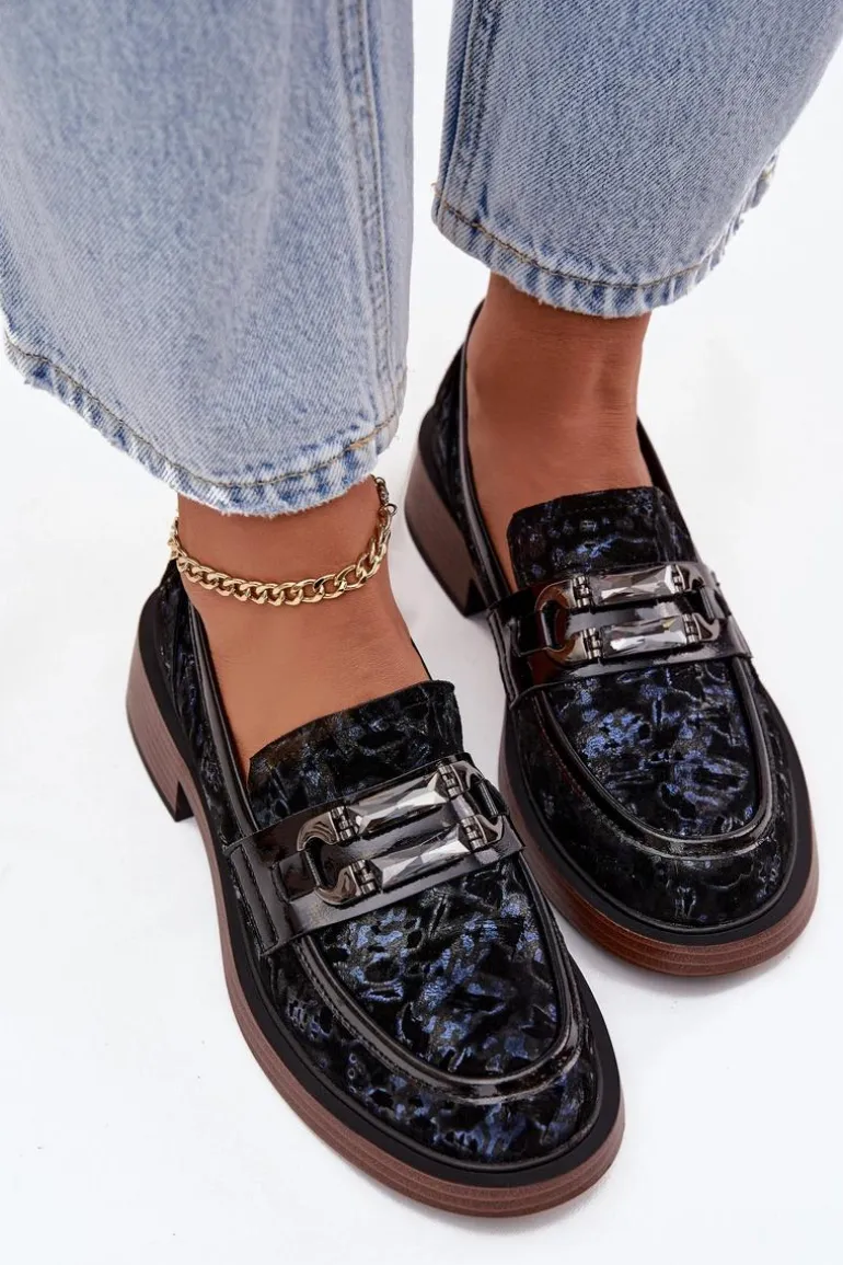 Skórzane Zamszowe Mokasyny Damskie Z Ozdobnym Detalem D&A MR52-178 Czarne