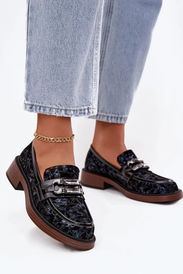 Skórzane Zamszowe Mokasyny Damskie Z Ozdobnym Detalem D&A MR52-178 Czarne