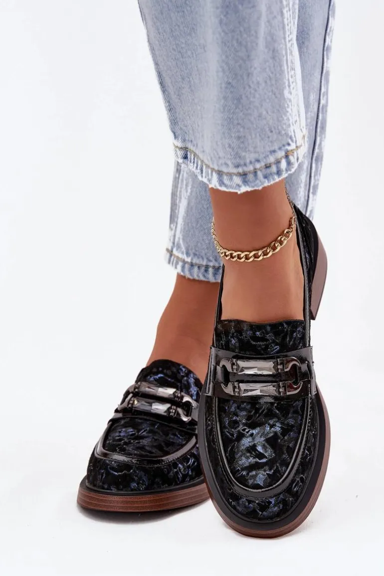 Skórzane Zamszowe Mokasyny Damskie Z Ozdobnym Detalem D&A MR52-178 Czarne