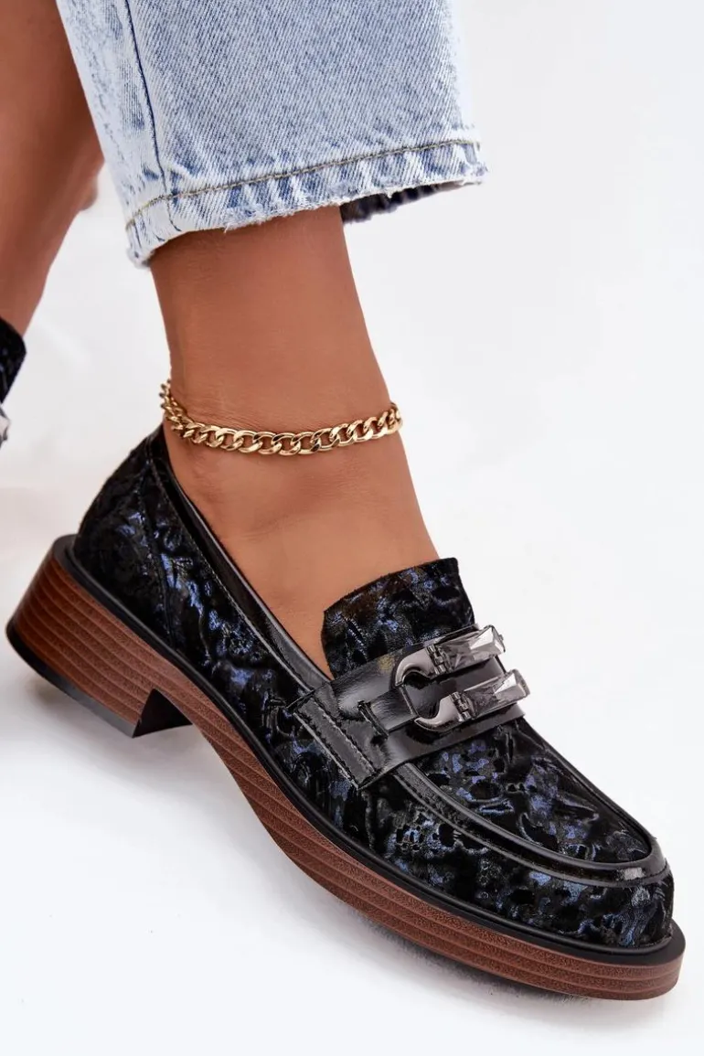 Skórzane Zamszowe Mokasyny Damskie Z Ozdobnym Detalem D&A MR52-178 Czarne