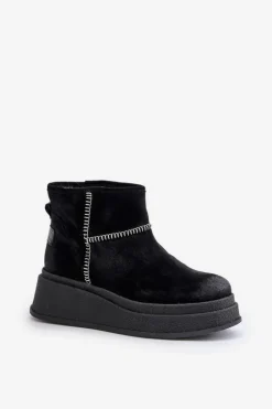 Skórzane Zamszowe Śniegowce Botki Na Platformie I Koturnie Maciejka 06769-01 Czarne