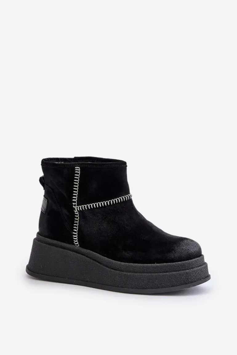 Skórzane Zamszowe Śniegowce Botki Na Platformie I Koturnie Maciejka 06769-01 Czarne