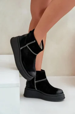 Skórzane Zamszowe Śniegowce Botki Na Platformie I Koturnie Maciejka 06769-01 Czarne