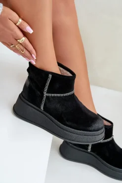 Skórzane Zamszowe Śniegowce Botki Na Platformie I Koturnie Maciejka 06769-01 Czarne